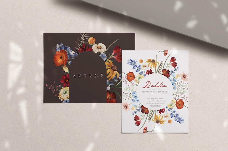May include: Two floral design cards. One is a dark brown rectangle with an arch of colorful flowers and the word "AUTUMN". The other is a white square with a floral border and the word "Dahlia".