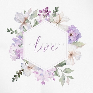 AMOR Y FLORAL, Flores de acuarela, Flores de AMOR de acuarela, Clipart del día de San Valentín, Clipart de color lila, Marco de flores