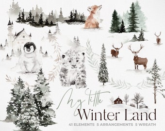 Watercolor Winter Clipart, Christmas Clipart, Christmas Watercolor Clipart, Winter Clipart, Winter Wonderland, Winter Baby Animal Clipart