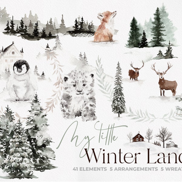 Watercolor Winter Clipart, Christmas Clipart, Christmas Watercolor Clipart, Winter Clipart, Winter Wonderland, Winter Baby Animal Clipart