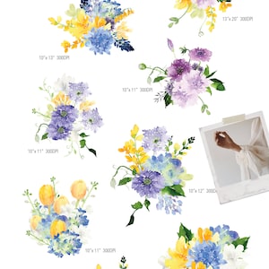 May include: A set of 10 watercolor floral bouquets in shades of yellow, purple, and blue. The bouquets are arranged in different sizes and shapes, and they are all set against a white background. The text "YELLOW PURPLE Bouquets" is at the top of the image.