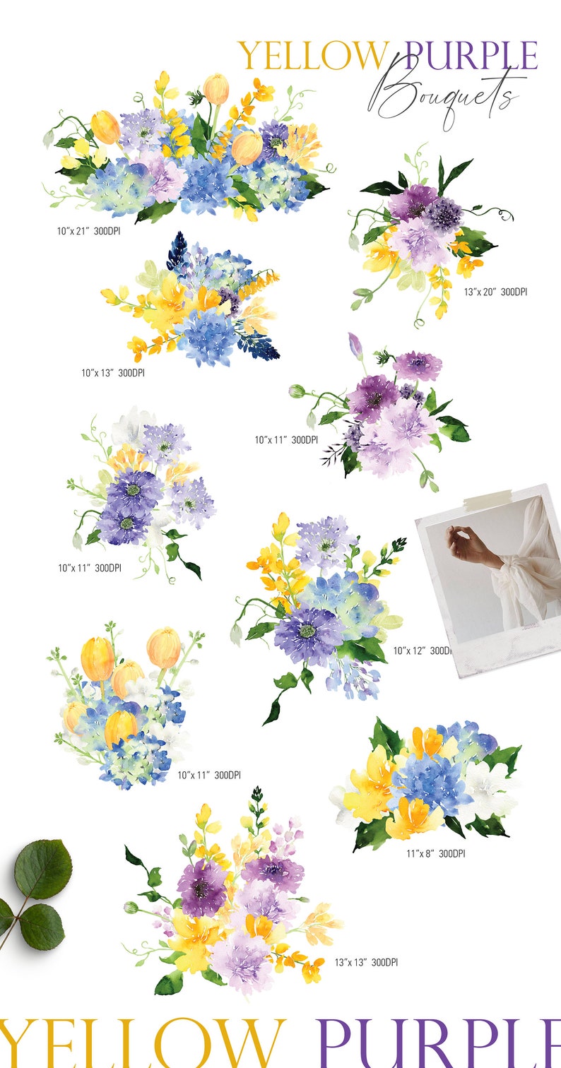 May include: A set of 10 watercolor floral bouquets in shades of yellow, purple, and blue. The bouquets are arranged in different sizes and shapes, and they are all set against a white background. The text "YELLOW PURPLE Bouquets" is at the top of the image.