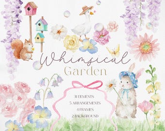Whimsical Garden, Spring Pastel Flowers, Spring Garden Flowers, Watercolor Bunny Duck Flowers, Watercolor Cute Animal