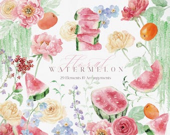 Watermelon Floral Watercolor Clipart, Summer Fruit Flowers, Pink Botanical Bouquet, Wedding ClipArt, Watermelon PNG, Romantic Pink Bouquet