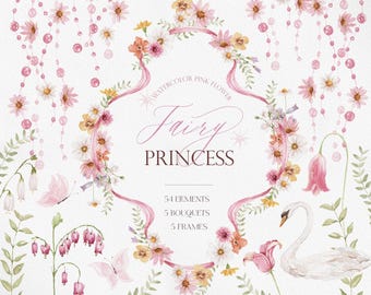 Fairy Princess Watercolor Clipart, Hand Painted Pink Floral PNG Bundle, Swan, Butterflies & Enchanted Garden Elements