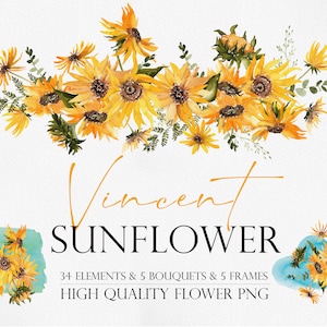 Vincent sunflowers, Watercolor Sunflower, Sunflower clipart, Sunflower bouquet, Summer wedding, Sunflower wreath, Watercolor flower clipart