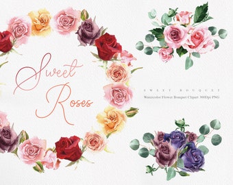 Watercolor clipart, Greenery Watercolor Bouquets, Roses bouquet, Floral arrangements, Rose art, Wedding Clipart, Floral Watercolor