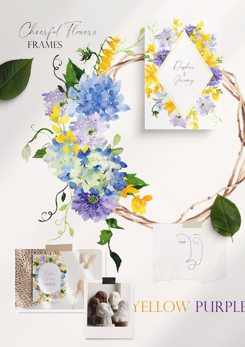 May include: Watercolor floral wreath with yellow and purple flowers. The wreath is in a diamond shape and has the text "Daphne & Jeremy" in the center. The wreath is surrounded by a white background.