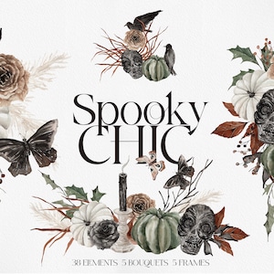 Spooky CHIC, Imágenes Prediseñadas de acuarela, acuarela Halloween, imágenes prediseñadas de Halloween, flores de Halloween, imágenes prediseñadas grotescas, flor de otoño de acuarela