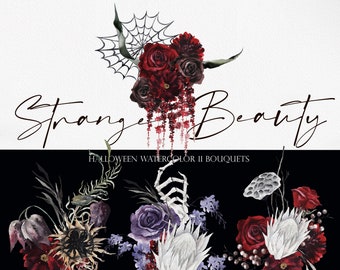 Strange Beauty, Halloween Bouquets, Halloween Watercolor Flower, Halloween Clipart, Gothic clipart, Halloween invitation