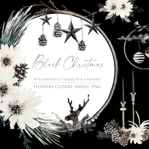 Clipart de Noël noir, Noël moderne, Ornements noirs, Clipart de pin, Fleur d’hiver PNG, Clipart chic, Élégant, Clipart noir