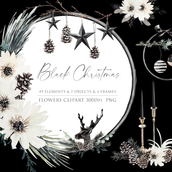 Black Christmas clipart, Modern Christmas, Black ornaments, Pinecorn clipart, Winter flower PNG, chic clipart, Stylish, Black clipart