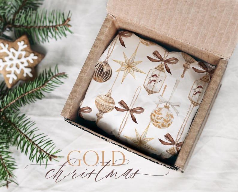 Gold Christmas Watercolor Clipart, Vintage Ornaments and Bells, Elegant Holiday PNG Arrangements image 10