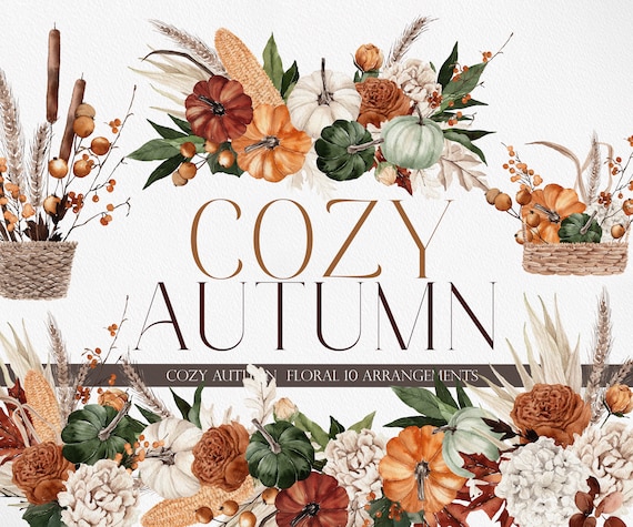 COZY AUTUMN, Watercolor Clipart, Watercolor Autumn, Watercolor Boho PNG, Watercolor Fall Clipart, Pumpkin Clipart, Boho Fall Clipart