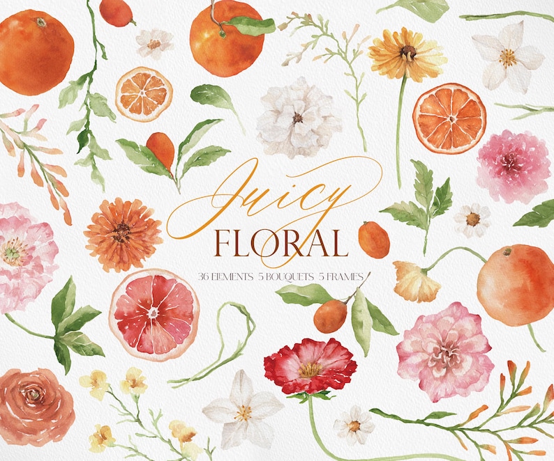 May include: Watercolor illustrations of citrus fruits, flowers, and greenery. The illustrations are in shades of orange, pink, white, and green. The text "Juicy Floral" is written in a cursive font.