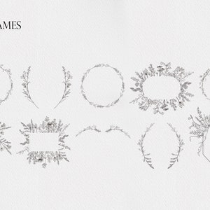 May include: Ten black and white floral frames with different shapes and sizes. The frames are made of hand-drawn illustrations of flowers and leaves.