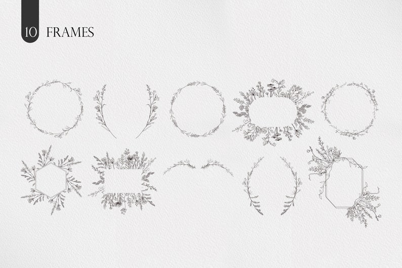 May include: Ten black and white floral frames with different shapes and sizes. The frames are made of hand-drawn illustrations of flowers and leaves.