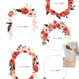 Puede incluir: Conjunto de cuatro marcos florales con ilustraciones de acuarela de flores rojas y rosas, hojas y ramas. Los marcos son de diferentes formas y tama&ntilde;os, incluyendo un hex&aacute;gono, un c&iacute;rculo, un &oacute;valo y una forma geom&eacute;trica. Los marcos est&aacute;n etiquetados con sus dimensiones en pulgadas y 300 DPI.