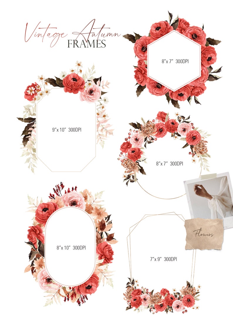 Puede incluir: Conjunto de cuatro marcos florales con ilustraciones de acuarela de flores rojas y rosas, hojas y ramas. Los marcos son de diferentes formas y tama&ntilde;os, incluyendo un hex&aacute;gono, un c&iacute;rculo, un &oacute;valo y una forma geom&eacute;trica. Los marcos est&aacute;n etiquetados con sus dimensiones en pulgadas y 300 DPI.