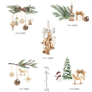 May include: A collection of five watercolor Christmas arrangements featuring gold ornaments, pine branches, bells with white ribbons, a snowman, a rocking horse, a candle, and gift boxes. Text labels indicate dimensions of 9"x8", 9"x6", and 5"x11".
