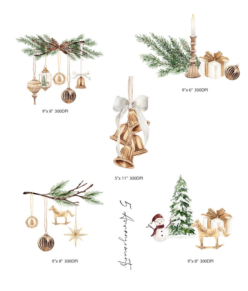 May include: A collection of five watercolor Christmas arrangements featuring gold ornaments, pine branches, bells with white ribbons, a snowman, a rocking horse, a candle, and gift boxes. Text labels indicate dimensions of 9"x8", 9"x6", and 5"x11".