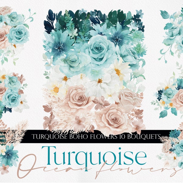 Ocean Turquoise Flower, Watercolor Flowers, Teal Flower, Blue Flowers, Watercolor Summer Flowers, Watercolor Teal Flower PNG, Mint Flower