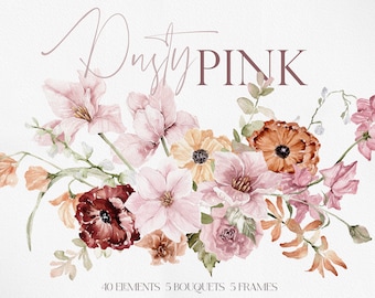 Dusty Pink Florals, Watercolor Flowers, Watercolor Clipart, Watercolor Pink Rose, Dusty Pink Rose, Pink Flower Bouquets,