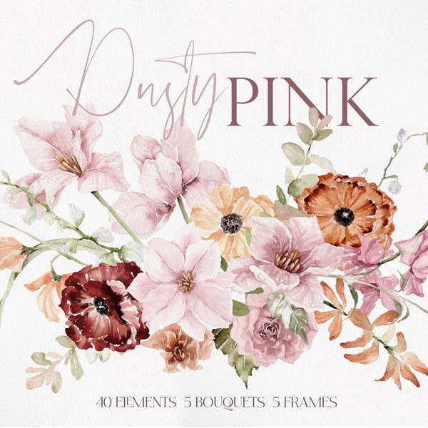 Dusty Pink Florals, Watercolor Flowers, Watercolor Clipart, Watercolor Pink Rose, Dusty Pink Rose, Pink Flower Bouquets,