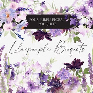 Clipart de acuarela, Ramos de color púrpura, Arreglos florales, Clipart de boda, Acuarela floral, Flor de acuarela PNG, clipart lila, lavanda
