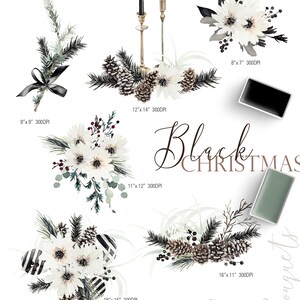 Puede incluir: Ilustraciones de acuarela en blanco y negro de elementos navide&ntilde;os, incluyendo coronas, adornos, estrellas, pi&ntilde;as, velas y una cabeza de ciervo. Las ilustraciones est&aacute;n sobre un fondo blanco e incluyen el texto "Black Christmas".