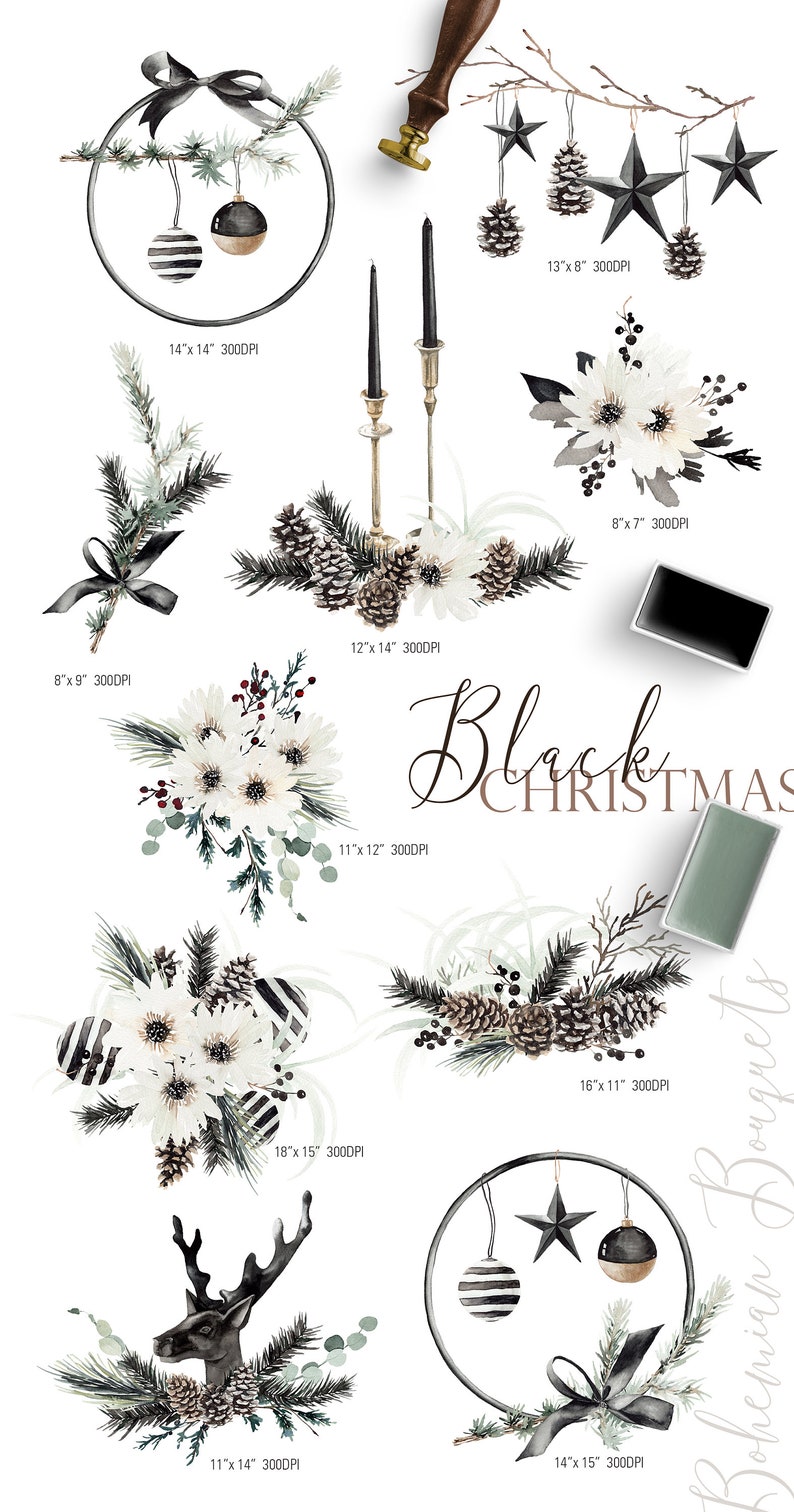 Puede incluir: Ilustraciones de acuarela en blanco y negro de elementos navide&ntilde;os, incluyendo coronas, adornos, estrellas, pi&ntilde;as, velas y una cabeza de ciervo. Las ilustraciones est&aacute;n sobre un fondo blanco e incluyen el texto "Black Christmas".