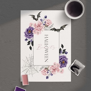 May include: A white card with a black border and the text "Halloween Party" in black lettering. The card is decorated with watercolor illustrations of purple and pink roses, bats, and a spider web.