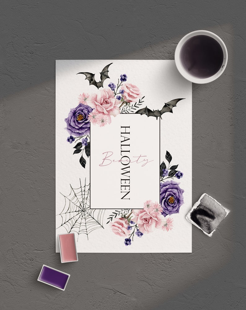 May include: A white card with a black border and the text "Halloween Party" in black lettering. The card is decorated with watercolor illustrations of purple and pink roses, bats, and a spider web.
