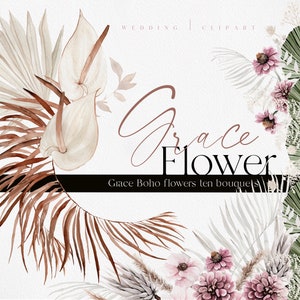Flor Grace, Clipart de aquarela, Flor de aquarela PNG, Flor Boho em aquarela, Clipart de pampa, Buquês de aquarela, Flor Boho