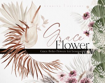 Grace flower, Watercolor clipart, Watercolor flower PNG, Watercolor Boho flower, Pampass clipart, Watercolor bouquets, Bohemian flower