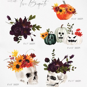 May include: Five watercolor bouquets with a Halloween theme. The bouquets feature a variety of flowers, including sunflowers, roses, and berries. The bouquets are arranged in different ways, including on a pumpkin, a skull, and a skull with a pumpkin on top. The bouquets are all approximately 9 inches by 7 inches.
