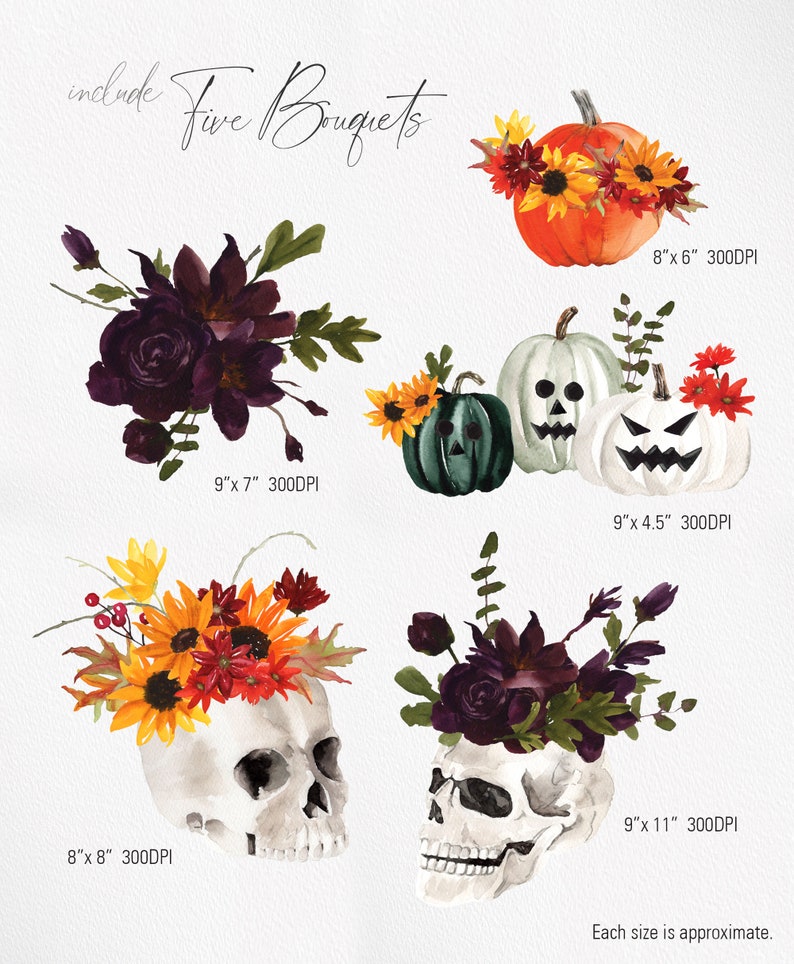 May include: Five watercolor bouquets with a Halloween theme. The bouquets feature a variety of flowers, including sunflowers, roses, and berries. The bouquets are arranged in different ways, including on a pumpkin, a skull, and a skull with a pumpkin on top. The bouquets are all approximately 9 inches by 7 inches.