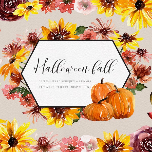 Watercolor Halloween Clipart, Autumn Clipart, Flower clipart, Greenery Clipart, Botanical watercolor, Pumpkin Watercolor, Yellow flowers PNG