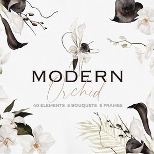 Modern Orchid, Watercolor Flower, Watercolor Clipart, Watercolor Orchid, Modern Flower, Black Bouquet, Calla Clipart, Orchid Clipart
