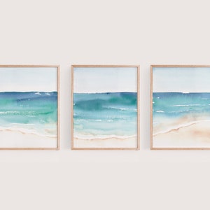 3er-Set Aquarelldrucke, druckbare Wandkunst, Ozean Aquarell, Minimalistische Kunst, Strand Druck, Blaues Aquarell, Aquarell Abstrakt Ozean