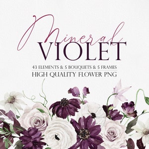 Fleur aquarelle, Clipart aquarelle, Fleur violette, Fleur violette, Clipart lilas, Clipart Rose blanche, Clipart fleur Boho, Cadre violet