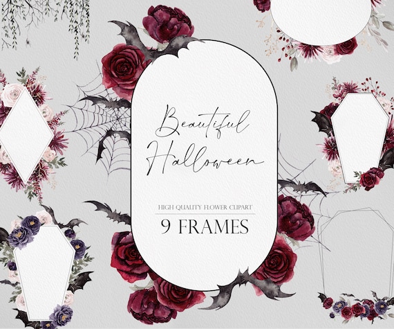 Beautiful Halloween, Watercolor flowers, Halloween Clipart, Watercolor frame, Halloween flowers, Grotesque clipart, Halloween PNG