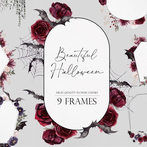 Beautiful Halloween, Watercolor flowers, Halloween Clipart, Watercolor frame, Halloween flowers, Grotesque clipart, Halloween PNG