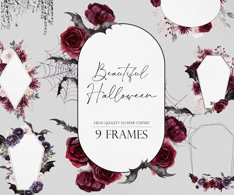 May include: Nine watercolor frames with a Halloween theme. The frames are decorated with bats, spiderwebs, and burgundy flowers. The text "Beautiful Halloween" is written in cursive at the top of the image. The text "High Quality Flower Clipart" and "9 Frames" are written below the frames.