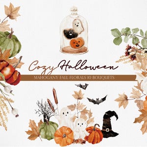Halloween acogedor, clipart de acuarela, clipart de Halloween en acuarela, clipart de Halloween, clipart de calabaza, clipart de fantasma, fantasma lindo PNG