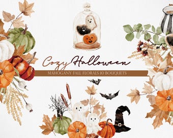 Cosy Halloween, clipart aquarelle, clipart Halloween aquarelle, clipart Halloween, clipart citrouille, clipart fantôme, fantôme mignon PNG