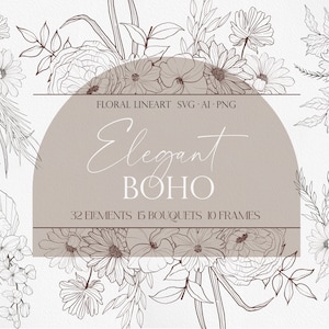 Elegante Boho floral, arte de línea de flores, flor SVG, logotipo de flores, imágenes prediseñadas de flores, arte botánico, flor Boho, imágenes prediseñadas de boda