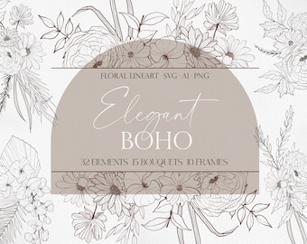 Elegant Boho Floral, Flower Line art, Flower SVG, Flower Logo, Flower clipart, Botanical art, Boho Flower, Wedding clipart