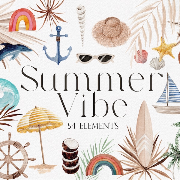 Summer Vibe, Summer clipart, Watercolor Surf, Surf clipart, Watercolor Summer, Watercolor Clipart, Boho Surfing, Boho Summer