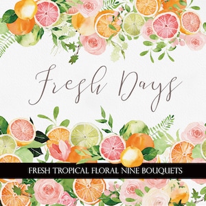 Jours frais, Bouquets de fleurs de fruits, Aquarelle orange fleur, Clipart de fleur d’oranger, Bouquets de fruits d’été, Bouquet frais, Clipart d’orange